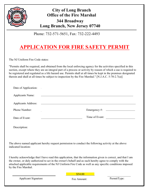 First page of the Application for Fire Safety Permit