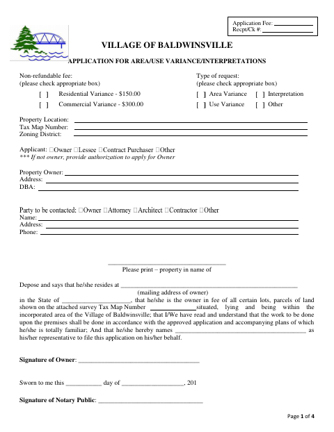 First page of the Zoning Board of Appeals Variance Application