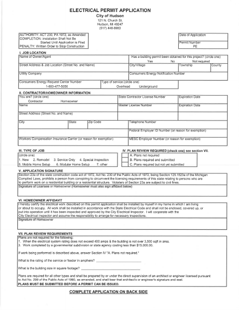First page of the Electrical Permit Application