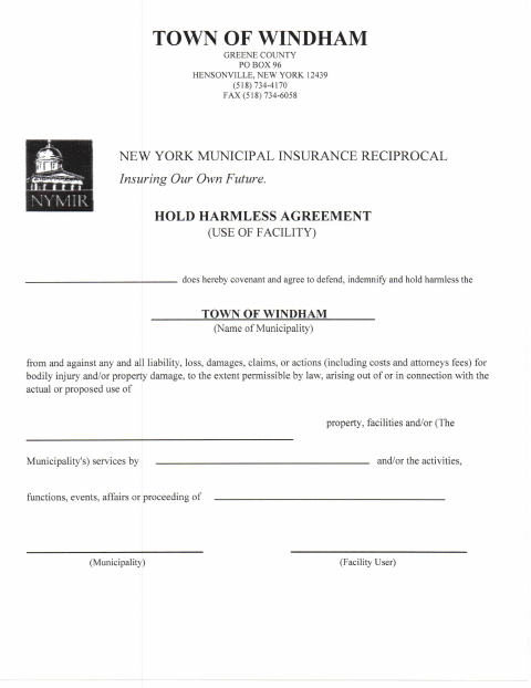 First page of the Hold Harmless Agreement and Certificate of Liability Insurance