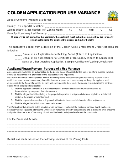 First page of the Application for Use Variance