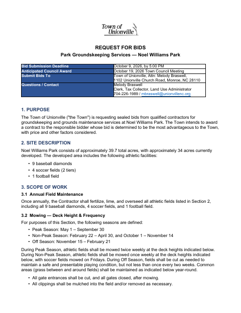 First page of the Request for Bids for Park Groundskeeping Services