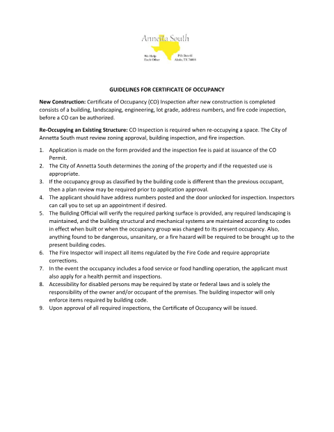 First page of the Certificate of Occupancy Application