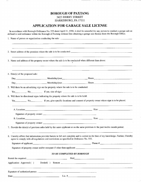 First page of the Garage Sale License Application