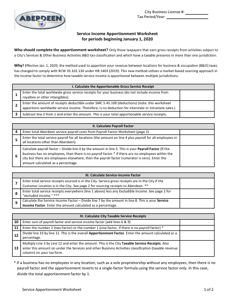 First page of the Service Income Apportionment Worksheet