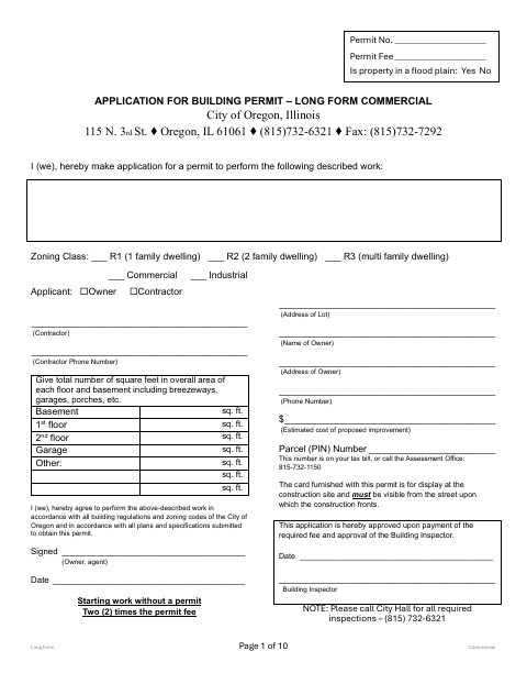 First page of the Application for Building Permit – Long Form Commercial
