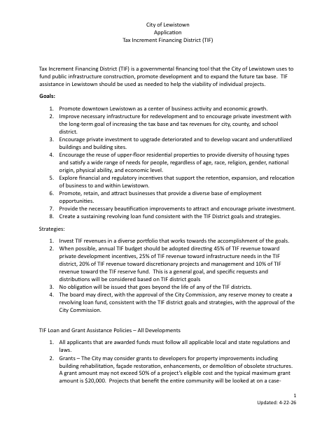 First page of the Tax Increment Financing District Application