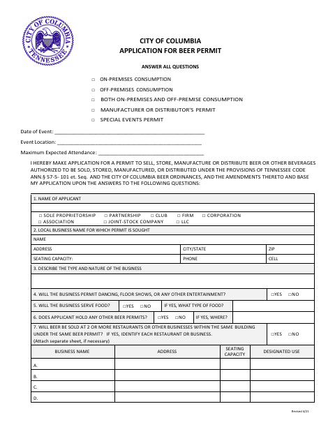First page of the Beer Permit Application
