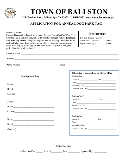 First page of the Application for Annual Dog Park Tag