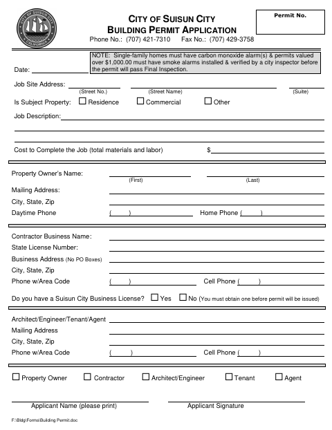 First page of the Building Permit Application