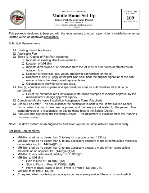 First page of the Mobile Home Set Up Rental Park Requirement Packet