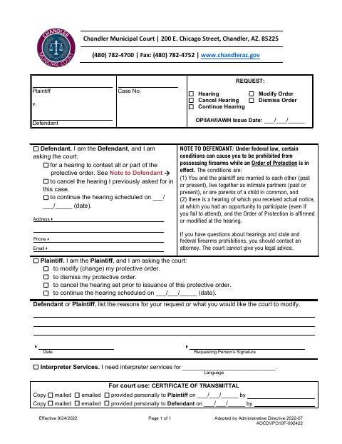 First page of the Municipal Court Request for Hearing