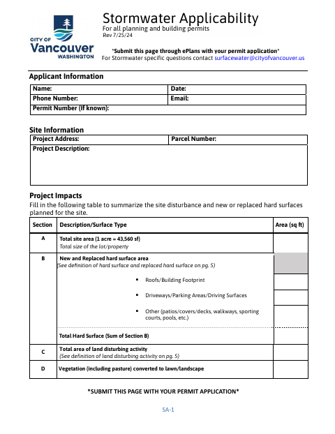 First page of the Stormwater Applicability Form