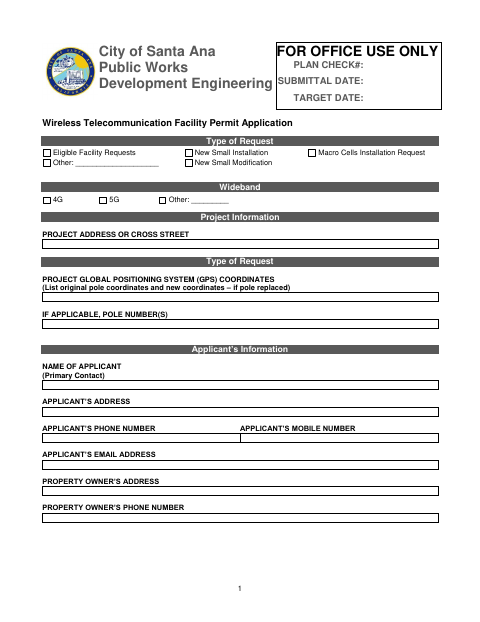 First page of the Wireless Telecommunication Facility Permit Application