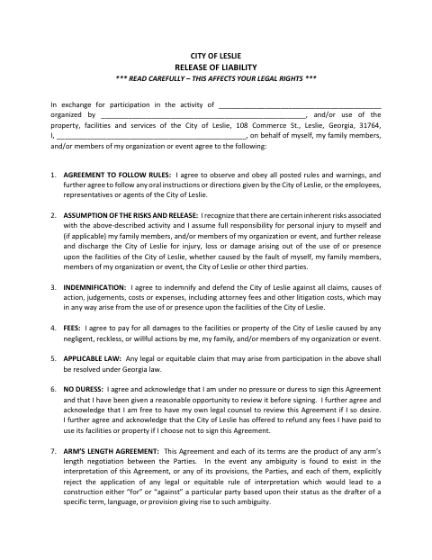 First page of the Release of Liability