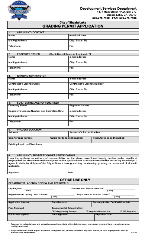 First page of the Grading Permit Application