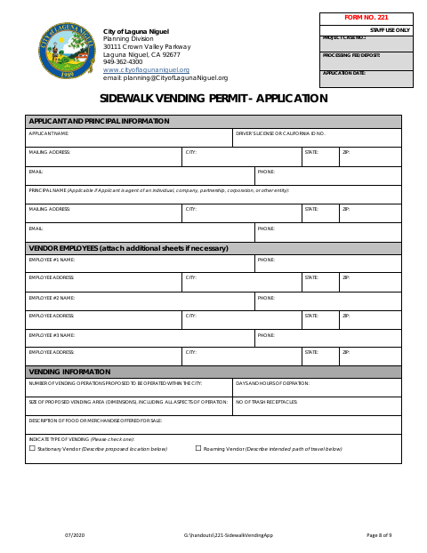 First page of the Sidewalk Vending Permit Application