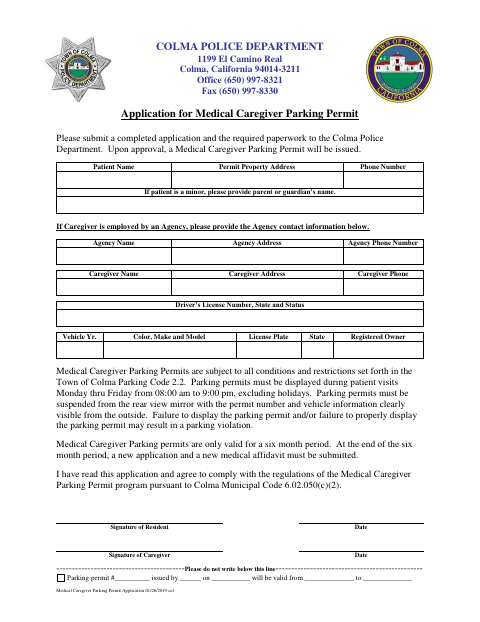 First page of the Medical Caregiver Parking Permit Application