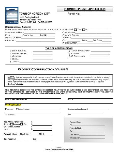 First page of the Plumbing Permit Application
