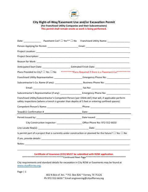 First page of the City Right-of-Way/Easement Use and/or Excavation Permit