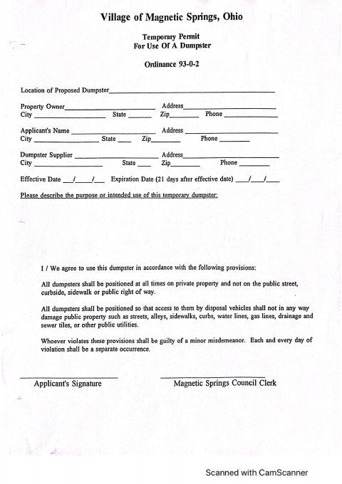 First page of the Dumpster Permit