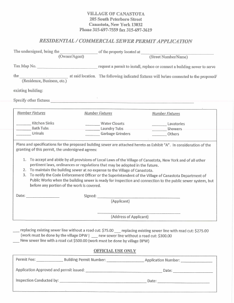 First page of the Residential / Commercial Sewer Permit Application