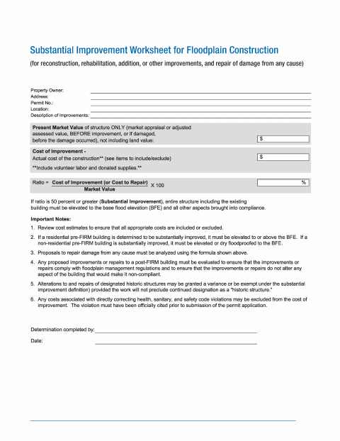 First page of the Substantial Improvement Worksheet