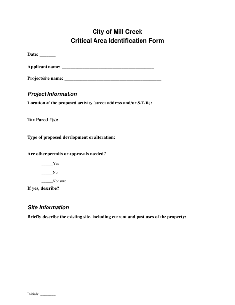 First page of the Critical Area Identification Form