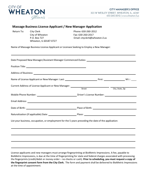 First page of the Massage Business License Applicant and New Manager Application