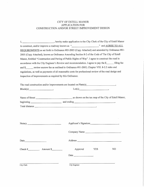 First page of the Construction and/or Street Improvement Design Application