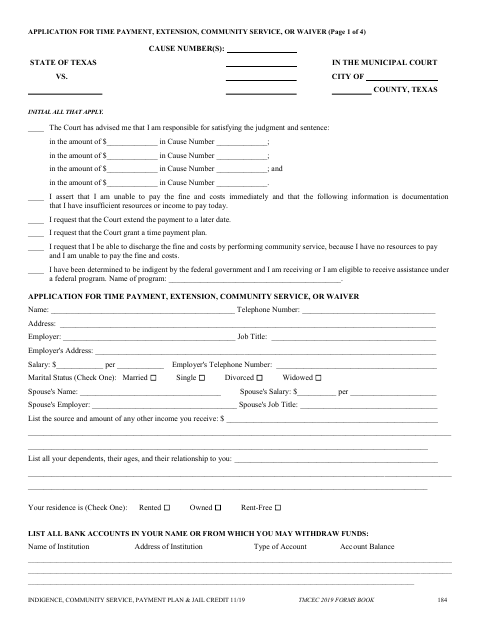 First page of the Application for Time Payment, Extension, Community Service, or Waiver