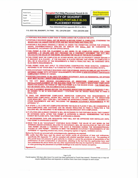 First page of the Occupied Portable Building Placement Permit