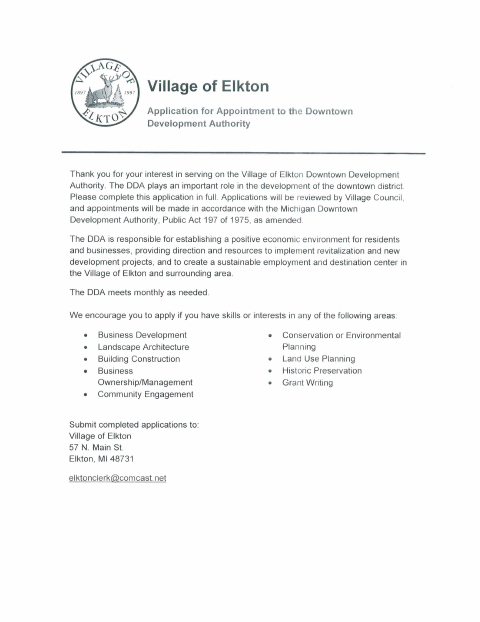 First page of the Downtown Development Authority Board Member Application