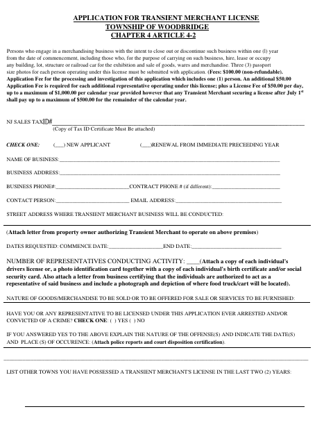 First page of the Application for Transient Merchant License