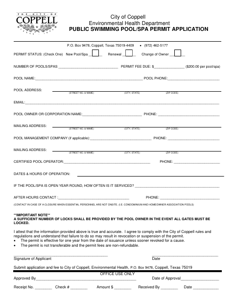 First page of the Public Swimming Pool/Spa Permit Application