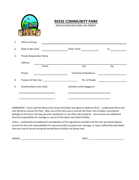 First page of the Community Park Application and Park Use Permit
