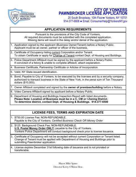 First page of the Pawnbroker License Application
