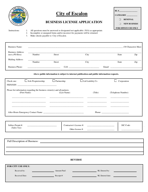 First page of the Business License Application