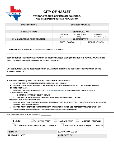 First page of the Vendor, Peddler, Commercial Solicitor, and Itinerant Merchant Application