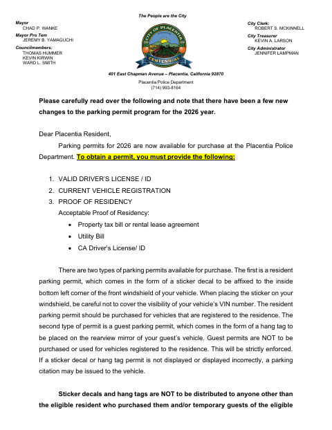 First page of the Parking Permit Application