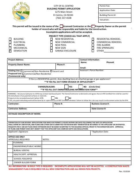First page of the Building Permit Application