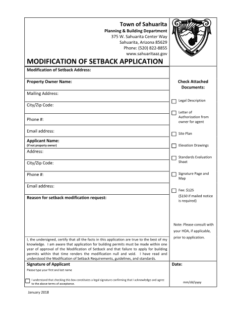 First page of the Modification of Setback Application