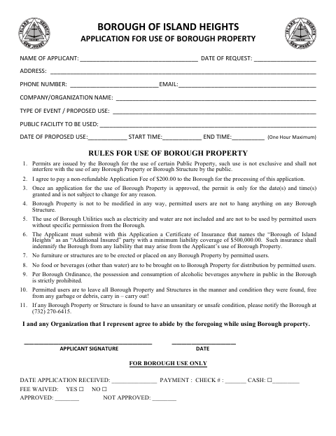 First page of the Application for Use of Borough Property