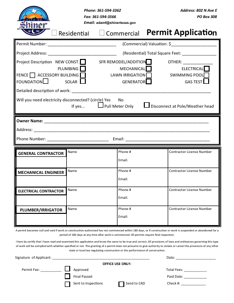 First page of the Residential Permit Application