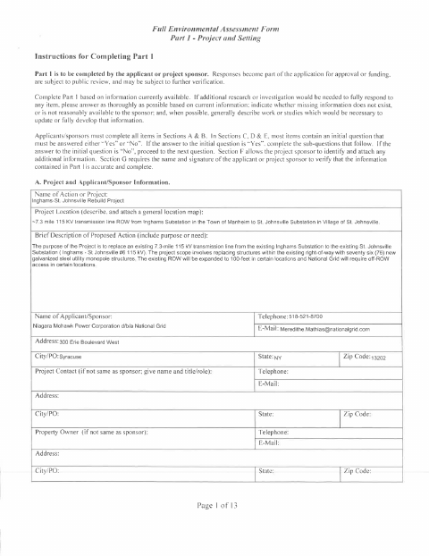 First page of the Full Environmental Assessment Form Part 1