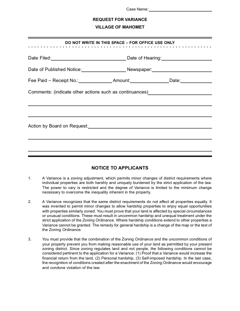First page of the Request for Variance