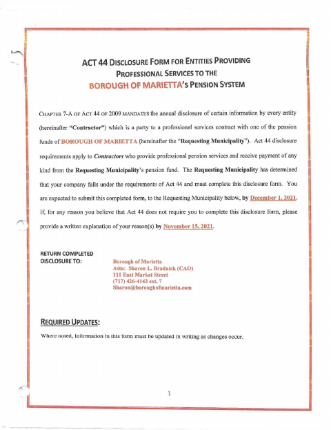 First page of the Act 44 Pension Services Disclosure Form