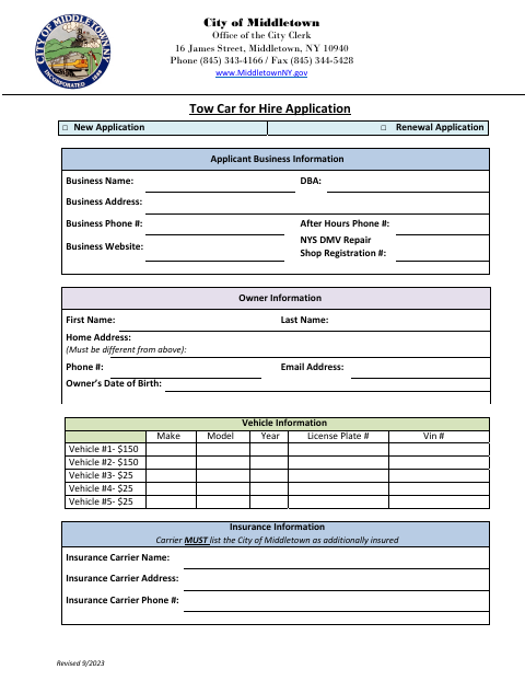 First page of the Tow Car for Hire Application
