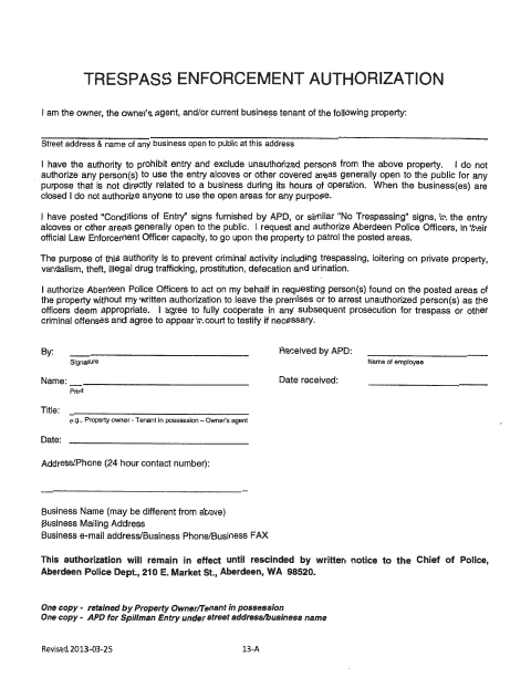 First page of the Trespass Enforcement Authorization