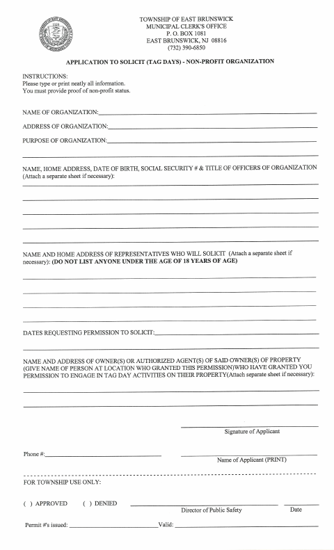 First page of the Tag Days Nonprofit Organization Application